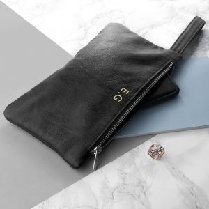 Monogrammed Black Leather Clutch Bag